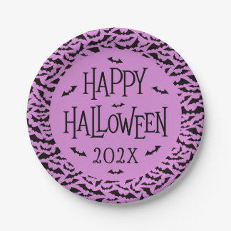 Assiettes En Carton Bat pattern purple black Happy Halloween year
