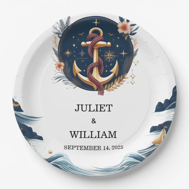 Assiettes En Carton Bateau à cordes Bateau Marine Mariage nautique ble (Devant)