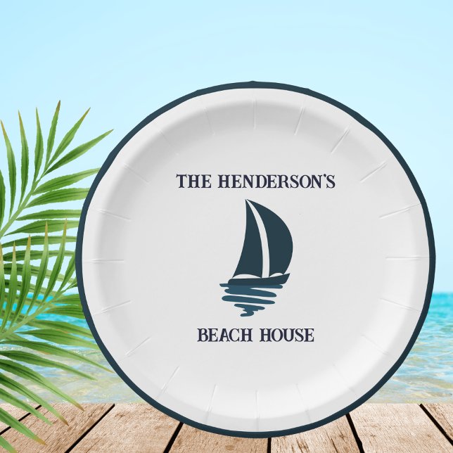 Assiettes En Carton Bateau à voile bleu marine Nautical Beach House (Créateur téléchargé)