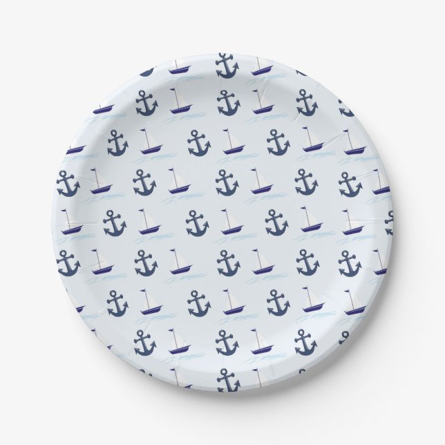 Assiettes En Carton Bateau à voile et Motif d'Ancres Bleu (Devant)