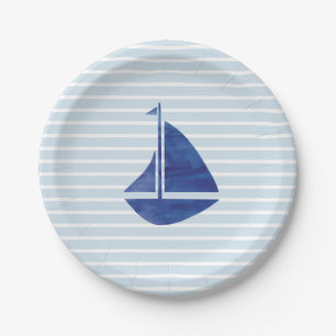 Assiettes En Carton Bateau à voile Nautique Océan Bleu Bleu Grille Pap