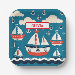 Assiettes En Carton Bateau à voile rouge et blanc mignon avec ancres
