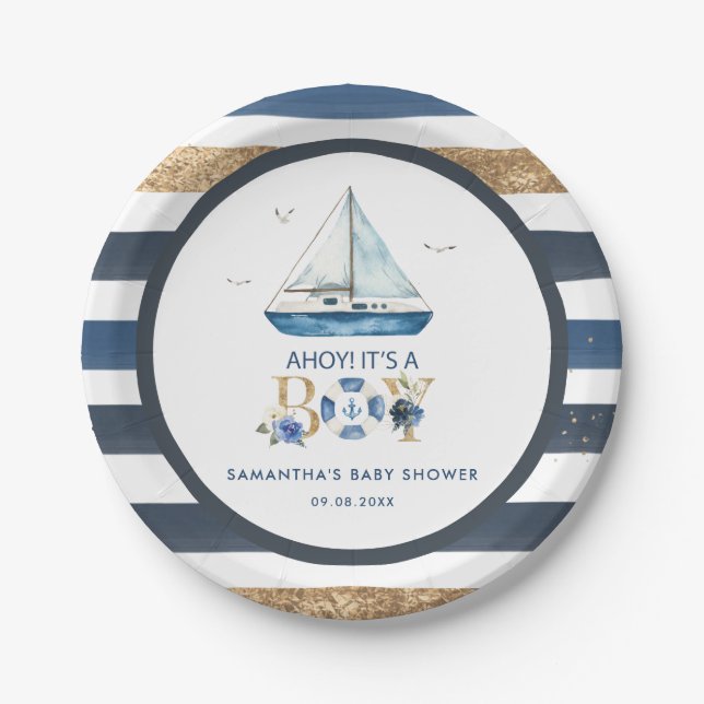 Assiettes En Carton Bateau bleu nautique Ahoy C'est un Baby shower gar (Devant)