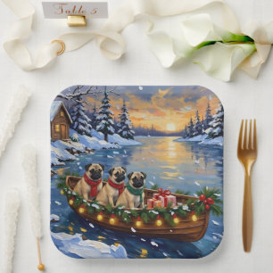 Assiettes En Carton Bateau de Noël Pug Fêtes