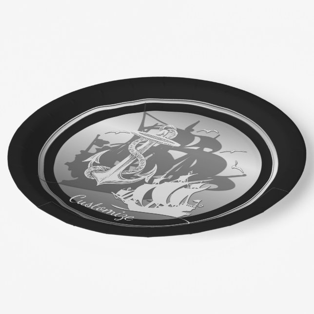 Assiettes En Carton Bateau pirate & Ancres Plaques en silhouette blanc (Angle)