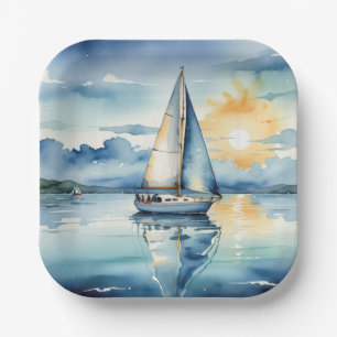 Assiettes En Carton Bateau Watercolor Sur Le Lac Au Coucher Du Soleil