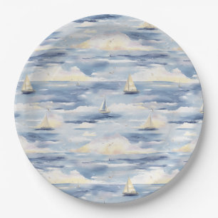 Assiettes En Carton Bateaux à voile de rêve Motif d'aquarelle océaniqu