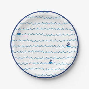 Assiettes En Carton Bateaux bleus Vagues Fête d'été Nautique navire