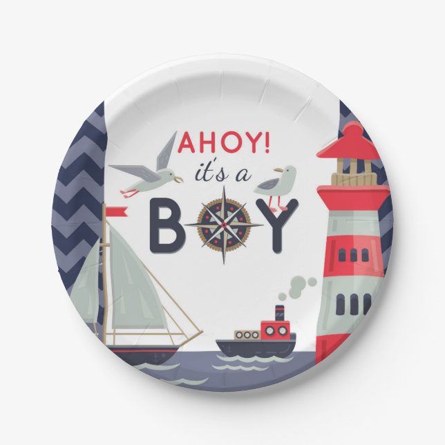Assiettes En Carton Bateaux nautiques Ahoy Baby Boy Shoy Party (Devant)