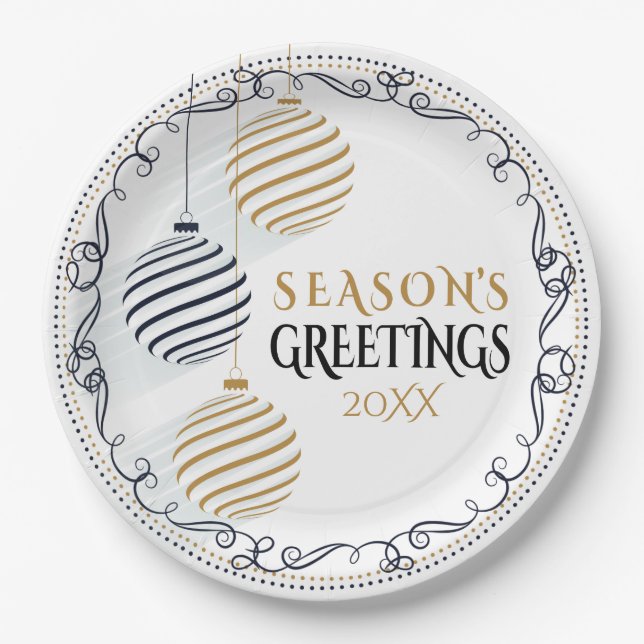 Assiettes En Carton Baubles de vacances minimaux Noir et Or (Devant)