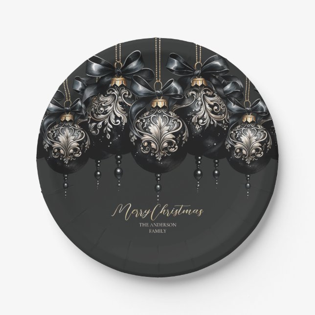 Assiettes En Carton Baubles noir et or élégant Noël de luxe (Devant)