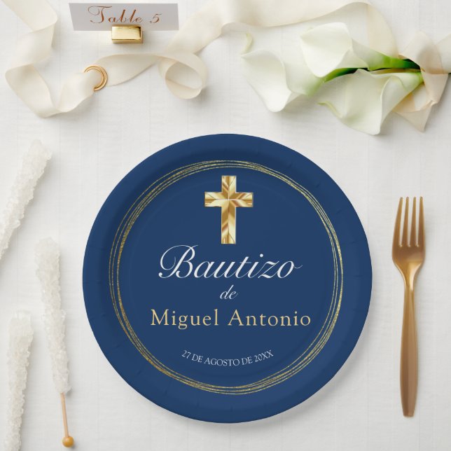 Assiettes En Carton Bautizo Bebé Niño Cruz de Oro y Azul Marino (Mariage)