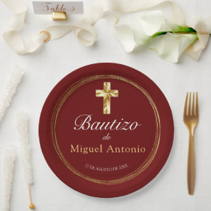 Assiettes En Carton Bautizo Bebé Niño Cruz de Oro y Borgoño