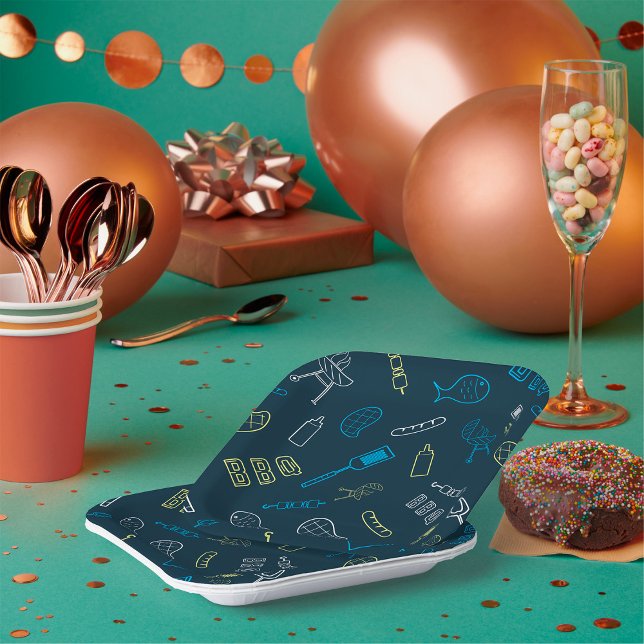 Assiettes En Carton BBQ Icônes Motif Grillades Outils Viande (Créateur téléchargé)