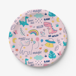 Assiettes En Carton Be Wild Rose Dinosaur Rainbow Unicorn Girls Party