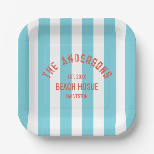 Assiettes En Carton Beach House Nom personnalisé Blue Cabana Stripe (Recto)