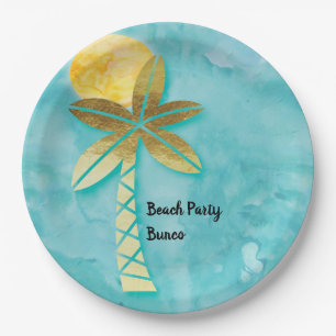 Assiettes En Carton Beach Party Bunco Bleu Aquarelle Or Palmier