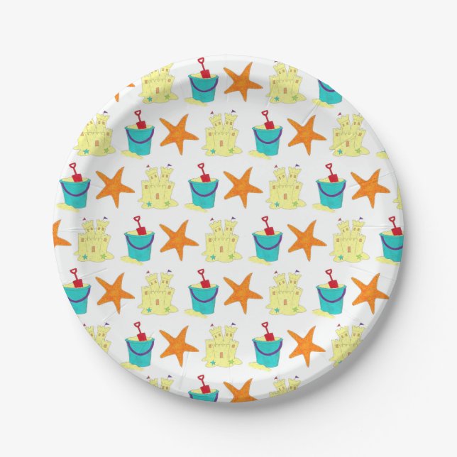 Assiettes En Carton Beach Party Sandcastle Starfish Sand Bucket (Devant)
