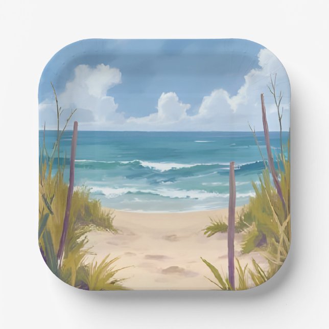 Assiettes En Carton Beach Path | Ocean Watercolor Coastal Painted (Recto)