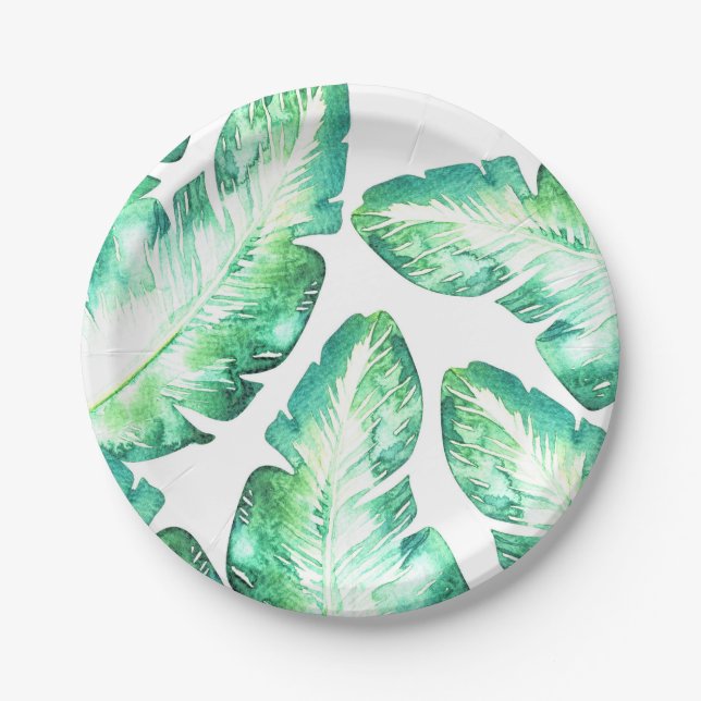 Assiettes En Carton Beachy White & Green Tropical Feuille Mariage (Devant)