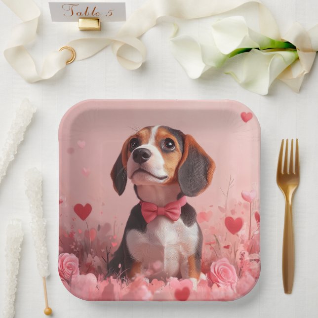 Assiettes En Carton Beagle avec Rose - Saint Valentin (Mariage)