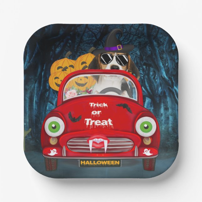 Assiettes En Carton Beagle Chien Conduite voiture effrayant (Recto)