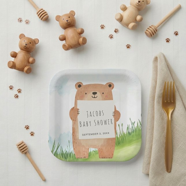 Assiettes En Carton Bear Baby shower mignonne bois rustique (Cute Bear Baby Shower rustic woodland Paper Plates.)