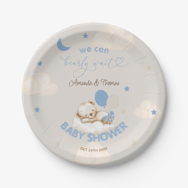 Assiettes En Carton Bear Balloons Baby shower bleu (Devant)