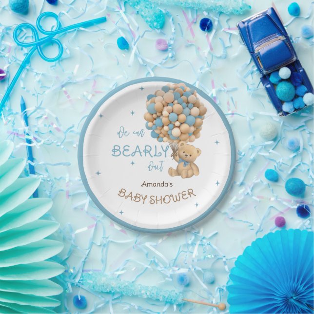 Assiettes En Carton Bear Balloons Bearly Wait Blue Baby Boy Shoy (Fête)