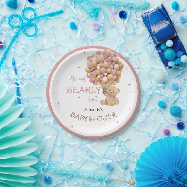 Assiettes En Carton Bear Balloons Bearly Wait Rose Baby Girl Douche (Fête)