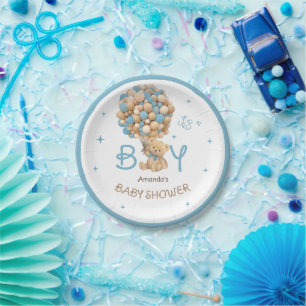 Assiettes En Carton Bear Balloons Bleu Beige Baby Boy Douche