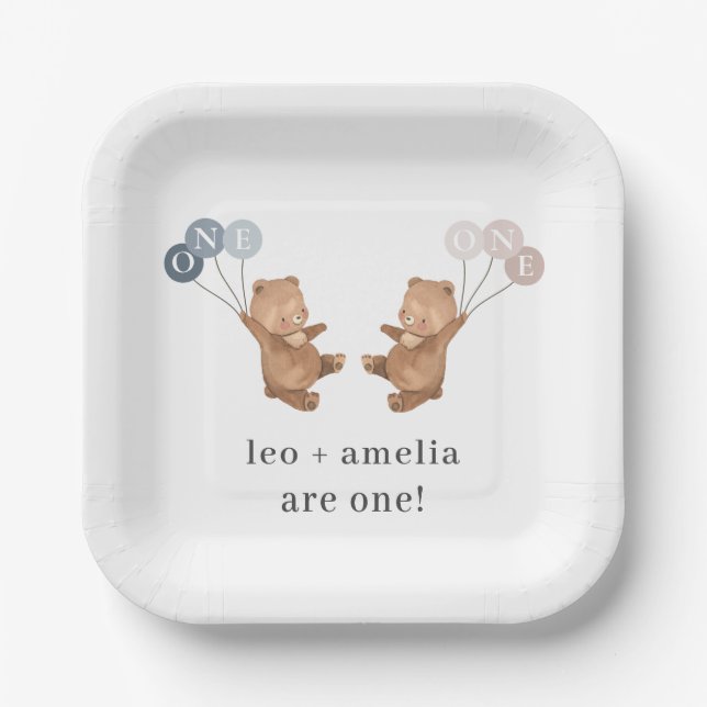 Assiettes En Carton Bear Boy Girl Twins - Joint 1er Anniversaire (Recto)