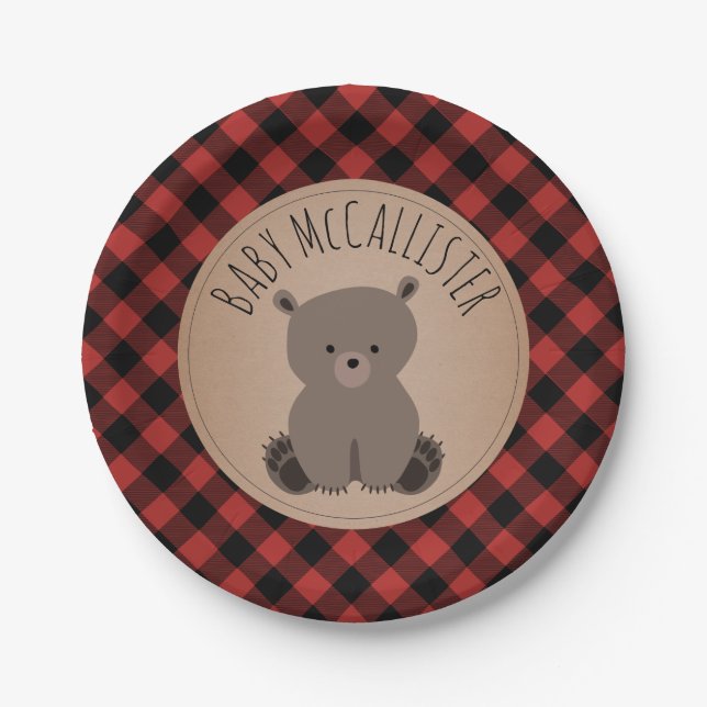 Assiettes En Carton Bear Cub Lumberjack Plaid Baby shower (Devant)