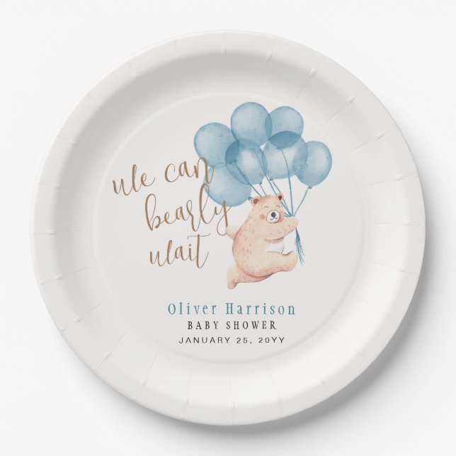 Assiettes En Carton Bearly Wait Cute Bear Blue Balloon Baby shower gar (Devant)