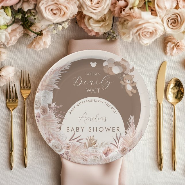 Assiettes En Carton Bearly Wait Neutral Teddy Bear Boho Pampas (Créateur téléchargé)