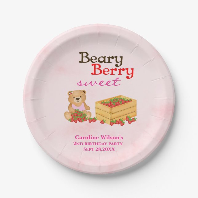 Assiettes En Carton Beary Berry Sweet Strawberry Girl Anniversaire (Devant)