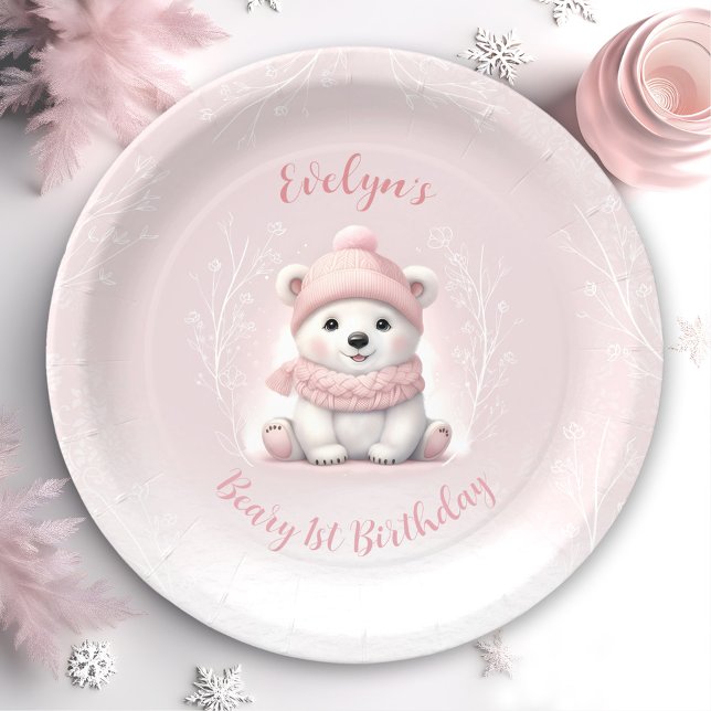 Assiettes En Carton Beary d'hiver 1er anniversaire mignon Ours rose (Winter Beary 1st Birthday Cute Pink Polar Bear Paper Plates)