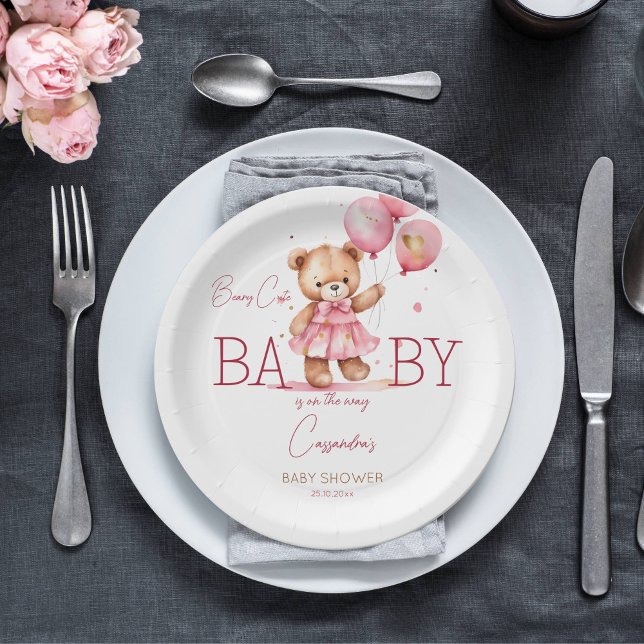 Assiettes En Carton Beary jolie fille en peluche ours baby shower vais (Beary cute teddy bear girl baby shower tableware personalized plates cute teddy with a pink dress)
