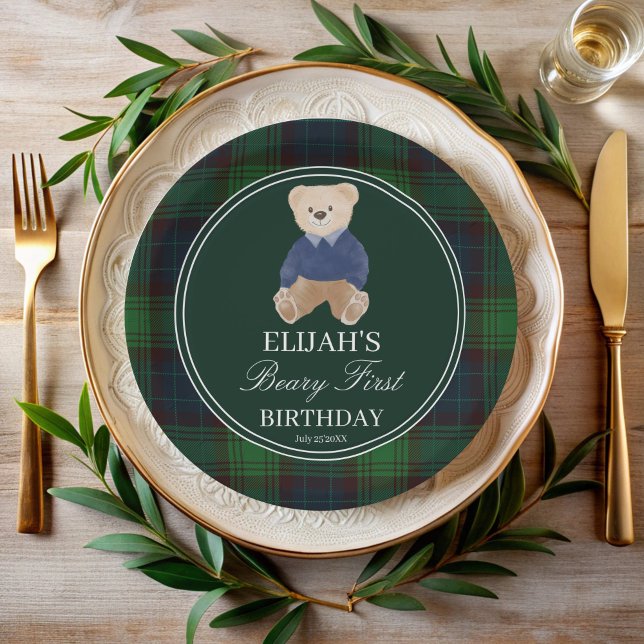 Assiettes En Carton Béary première peluche ours vert plaid fête d'anni (Beary first birthday teddy bear green plaid birthday printed party paper plates personalized decor)