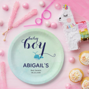 Assiettes En Carton Beau Baby shower à thème océanique de baleine bleu