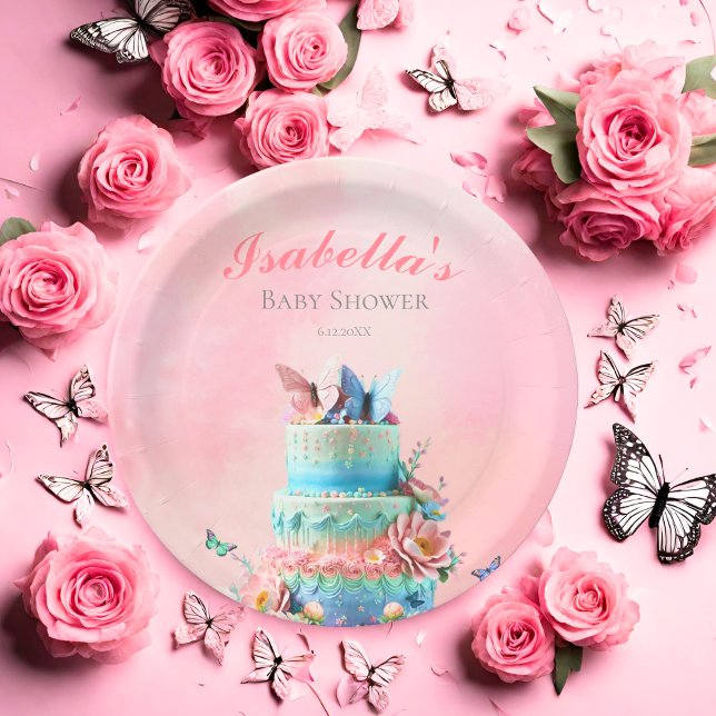 Assiettes En Carton Beau Baby shower des jumeaux Papillons (Charming plates, twin butterflies dance, delicately holding sweet treats for celebrations.)