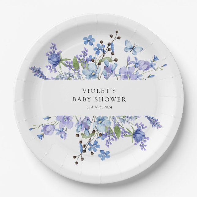 Assiettes En Carton Beau Baby shower Fleur sauvage bleu (Devant)