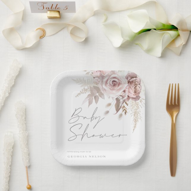 Assiettes En Carton Beau Baby shower floral rose pâle (Mariage)
