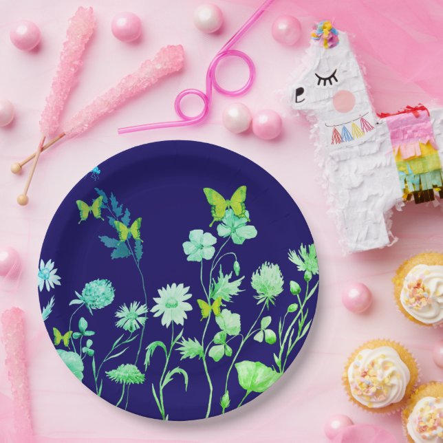 Assiettes En Carton Beau bleu et vert floral et papillon (Fête)