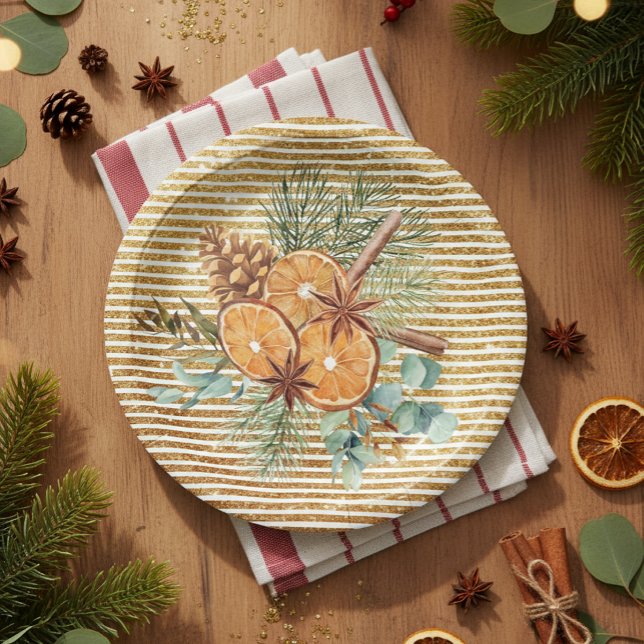 Assiettes En Carton Beau Bouquet de pins à tranche orange Noël (Créateur téléchargé)