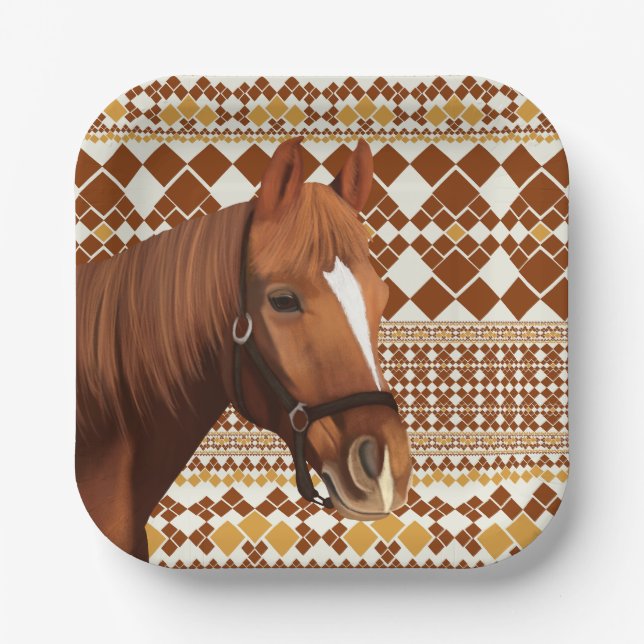 Assiettes En Carton Beau cheval Brown sur Motif géométrique Earthy (Recto)