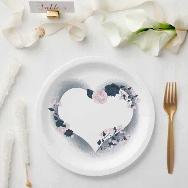 Assiettes En Carton Beau coeur rose et marine floral (Mariage)