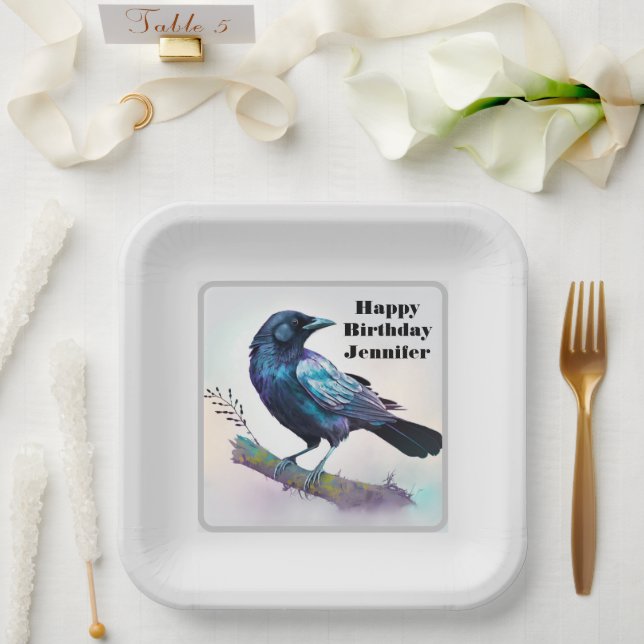 Assiettes En Carton Beau Corbeau sur une branche d'arbre Anniversaire (Mariage)