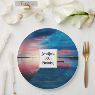 Assiettes En Carton Beau coucher de soleil sur un lac de calme Anniver