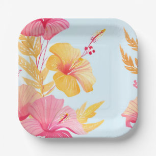 Assiettes En Carton Beau Hibiscus Aquarelle de fleur tropicale